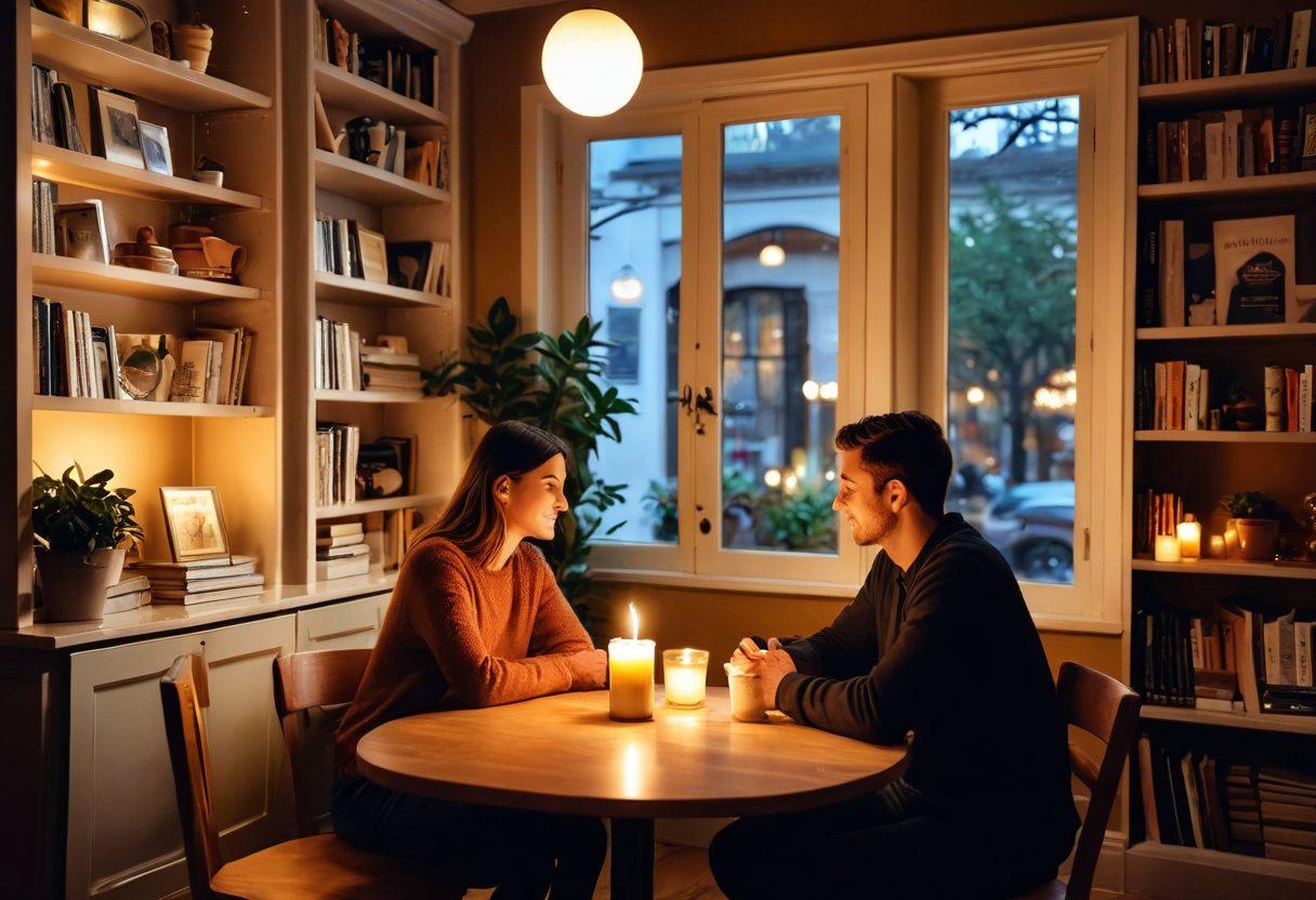 A warm scene depicting a couple in a cozy café, deeply engaged in conversation, surrounded by soft lighting and cheerful decor. In the foreground, a heart-shaped coffee latte and a glowing candle symbolize intimacy and connection. The background features a bookshelf filled with relationship advice books, highlighting personal growth. Include subtle elements of nature, like a small potted plant on the table. romantic, inviting atmosphere. vibrant colors. soft focus.