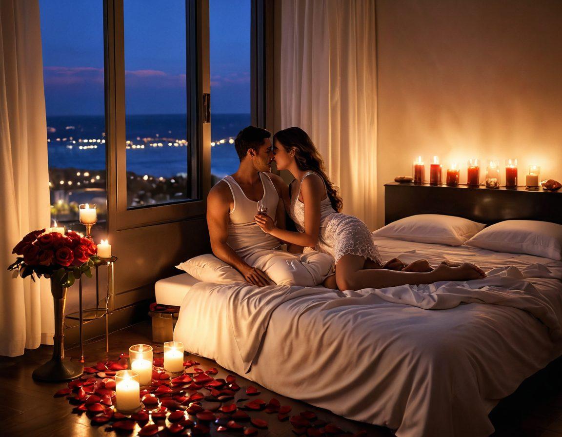 A serene bedroom scene at dusk, featuring soft candlelight illuminating a couple engaged in a tender embrace, surrounded by rose petals and a glass of red wine. The atmosphere is rich with romance, highlighting intimacy and passion, with warm colors and gentle shadows creating a sense of yearning and desire. super-realistic. warm colors. soft glow.