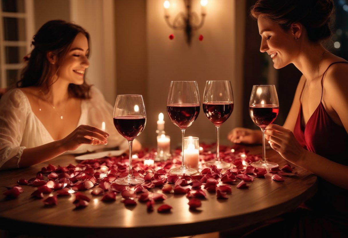 A romantic scene showcasing a candlelit dinner table adorned with delicate rose petals, soft glowing fairy lights, and wine glasses filled with deep red wine. In the background, a couple is smiling and leaning towards each other, radiating warmth and connection. The ambiance is intimate and inviting, with subtle touches of passion and attraction in their expressions. warm colors, soft focus, dreamy atmosphere.